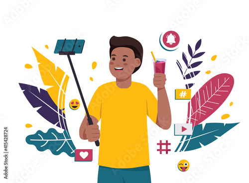 Man takes a selfie with a cocktail. African-american male blogger, healthy lifestyle, proper nutrition, weight loss