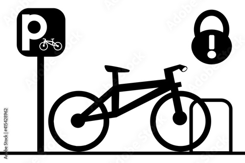 Monochrome illustration bike stands next to the blue parking sign. Secure the bike in the parking lot with a padlock