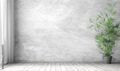 Fototapeta Naklejka Na Ścianę i Meble -  Interior background of room with gray stucco wall and pot with plant 3d rendering