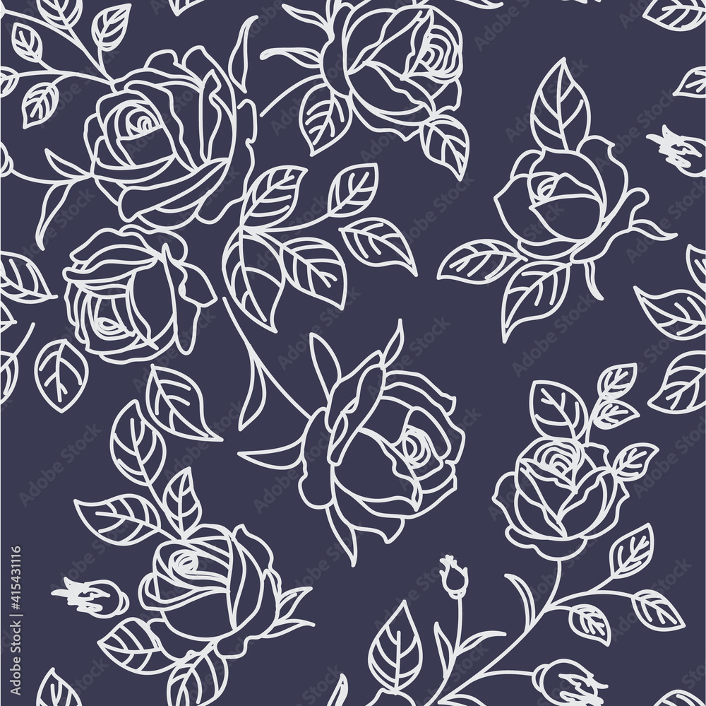 Seamless pattern with abstract garden roses, with buds and leaves silhouette. Black background with blossoming outline flowers. Vintage floral hand drawn wallpaper. Vector stock illustration.