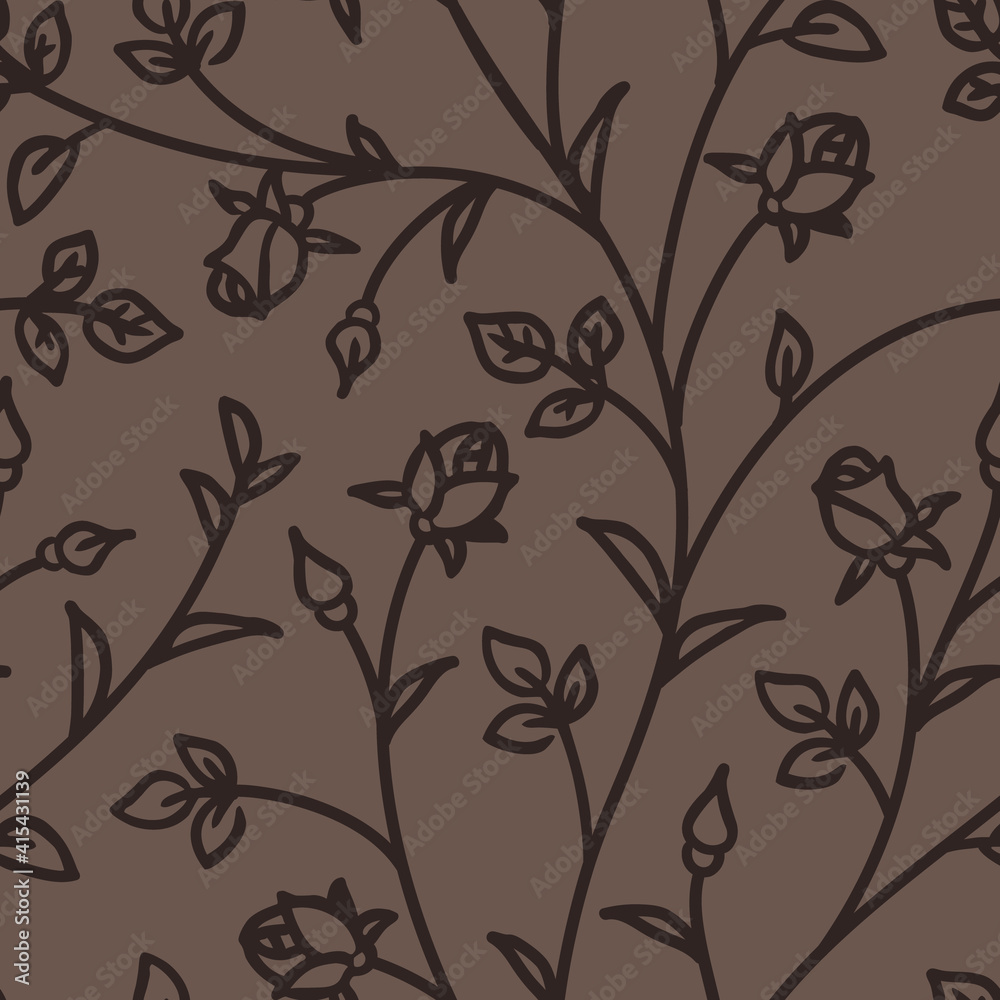 Seamless pattern with abstract garden roses, with stems, buds and leaves silhouette. Brown background with blossoming outline flowers. Vintage floral hand drawn wallpaper. Vector stock illustration. Seamless pattern with abstract garden roses, with stems, buds and leaves silhouette. Brown background with blossoming outline flowers. Vintage floral hand drawn wallpaper. Vector stock illustration.