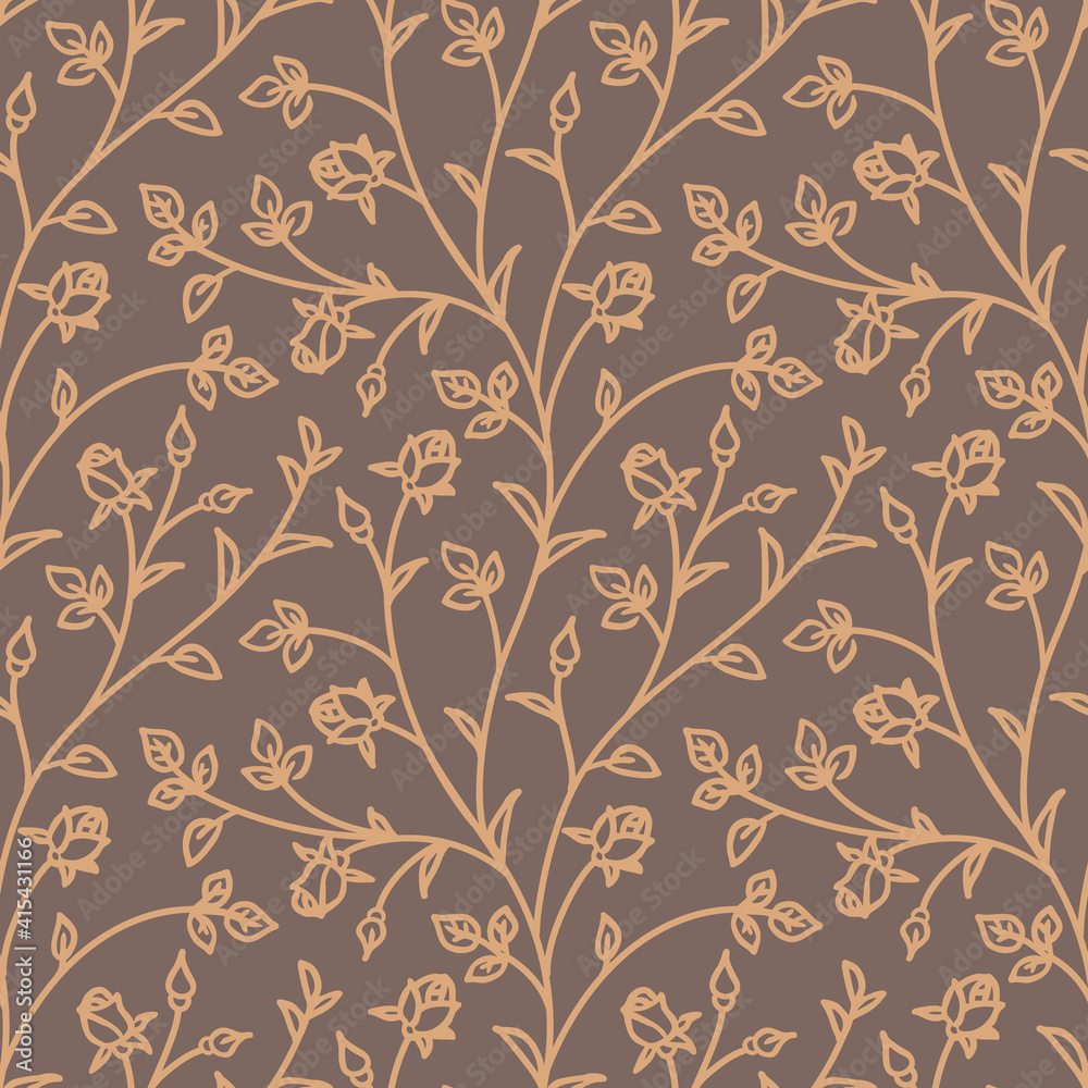 Fototapeta premium Seamless pattern with abstract garden roses, with stems, buds and leaves silhouette. Brown background with blossoming outline flowers. Vintage floral hand drawn wallpaper. Vector stock illustration.
