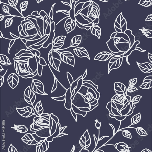 Seamless pattern with abstract garden roses, with buds and leaves silhouette. Black background with blossoming outline flowers. Vintage floral hand drawn wallpaper. Vector stock illustration.