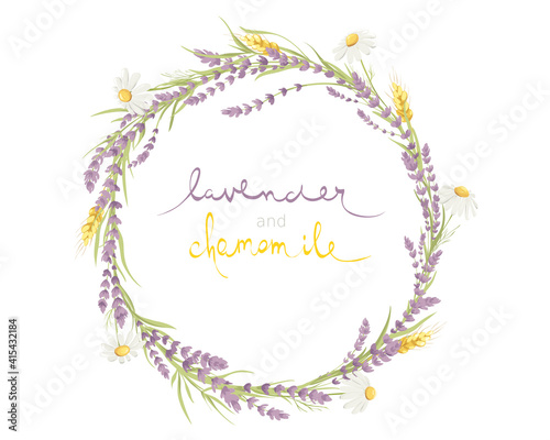 Cards for Wedding invitation. Vector design element, wreaths of lavender, chamomile and wheat ears, medicinal herbs, calligraphy lettering.	
