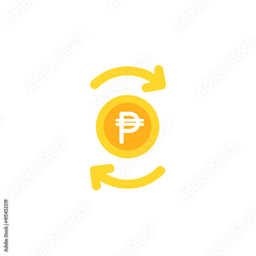 Two gold round arrows with golden peso coin. Flat icon. Isolated on white.