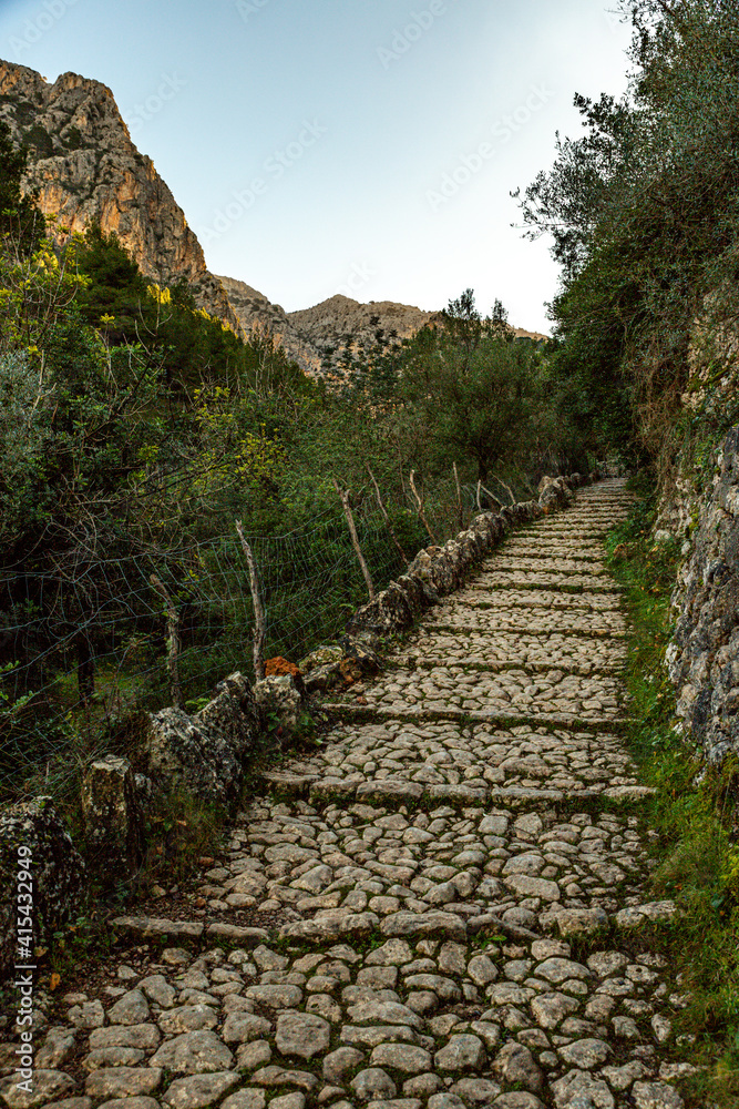 Biniaraix, Tramuntana Valley Mallorca. Mountains and ancient Stone Walls