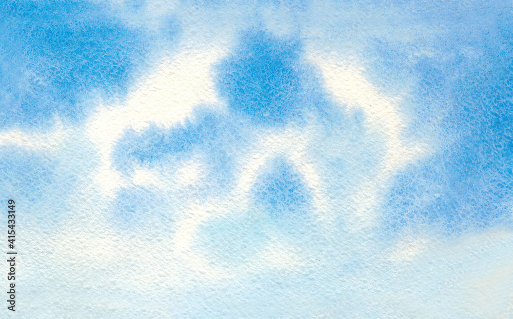 Obraz premium Watercolor background of sky and clouds. Blue watercolor texture. Drawn by hand. Can be used as a banner, poster and for your other designs.