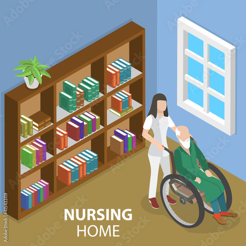 3D Isometric Flat Vector Conceptual Illustration of Nursing Home Care, Elderly Patient Support.