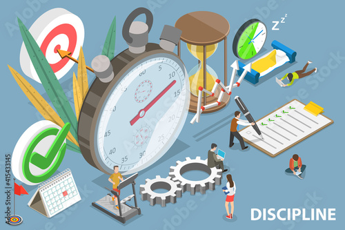 3D Isometric Flat Vector Conceptual Illustration of Discipline and Self Control, Productive Time Management.