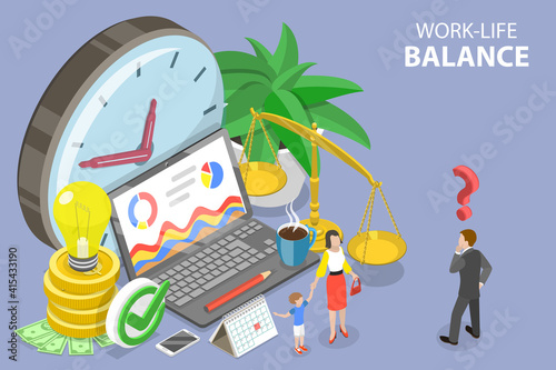 3D Isometric Flat Vector Conceptual Illustration of Work-Life Balance, Time Management.