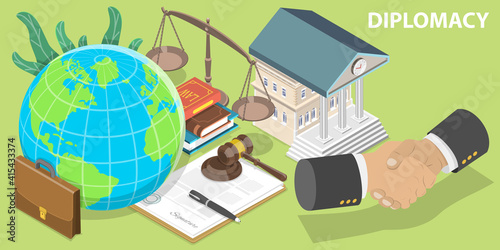 3D Isometric Flat Vector Conceptual Illustration of Diplomacy, International Negotiation and Cooperation.