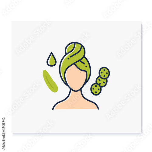 Depuffing eye mask color icon. Organic cucumber eye mask, spa procedures. Natural skincare concept. Facial beauty treatment. Isolated vector illustration