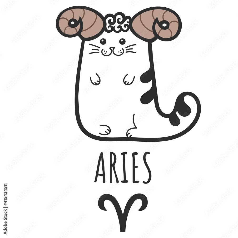 Naklejka premium Aries sign of the zodiac, Cat zodiac, Astrological Sign. Cat horoscope. Zodiac of pets. The hand drawing is isolated on a white background