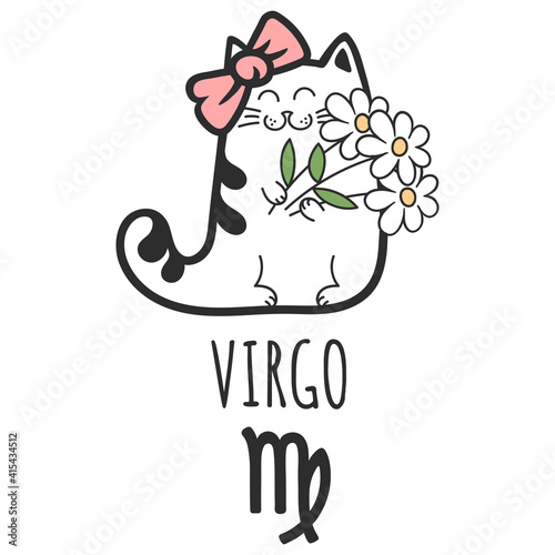 Virgo sign of the zodiac, Cat zodiac, Astrological Sign. Cat horoscope. Zodiac of pets. The hand drawing is isolated on a white background