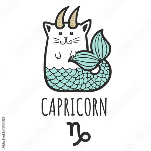 Capricorn sign of the zodiac, Cat zodiac, Astrological Sign. Cat horoscope. Zodiac of pets. The hand drawing is isolated on a white background