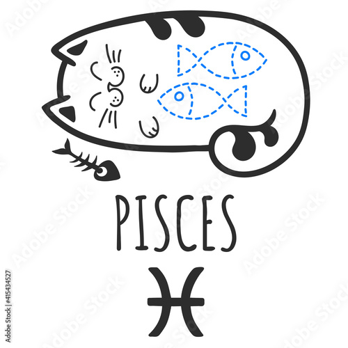 Pisces sign of the zodiac, Cat zodiac, Astrological Sign. Cat horoscope. Zodiac of pets. The hand drawing is isolated on a white background