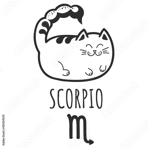 Scorpio sign of the zodiac, Cat zodiac, Astrological Sign. Cat horoscope. Zodiac of pets. The hand drawing is isolated on a white background