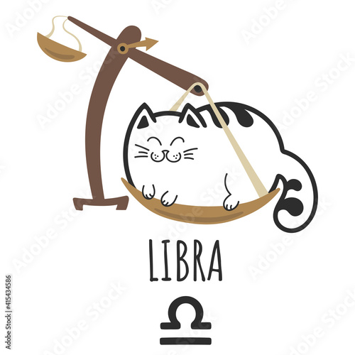 Libra sign of the zodiac, Cat zodiac, Astrological Sign. Cat horoscope. Zodiac of pets. The hand drawing is isolated on a white background