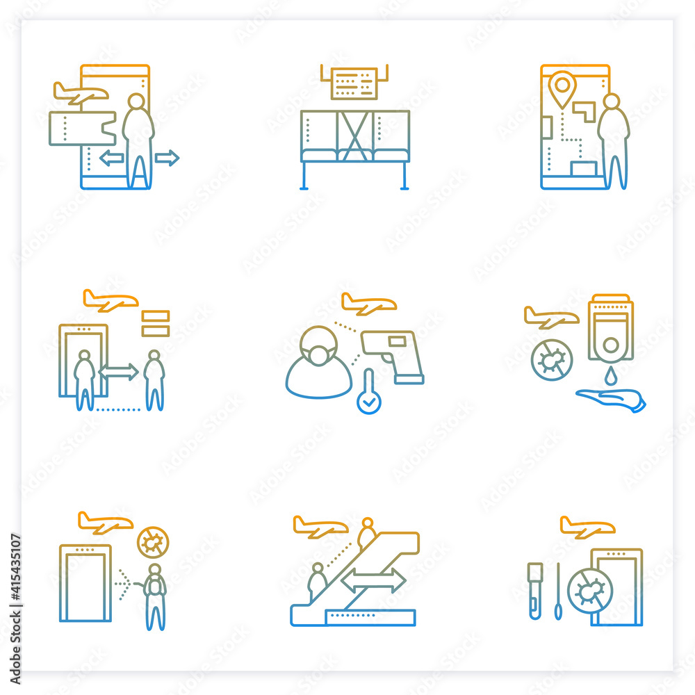 Airport new normal gradient icons set.Consists of limit space, contactless ticket, screening.Safe rules concept.Isolated vector illustrations.Suitable to banners, mobile apps and presentation