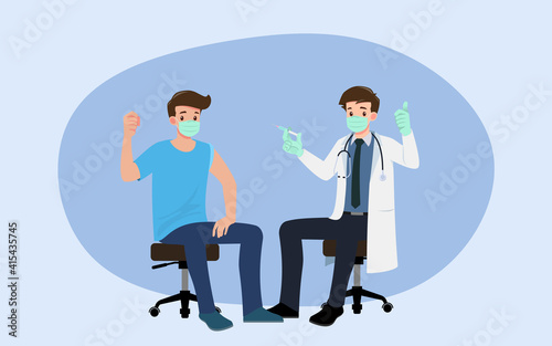A doctor in a clinic giving a Coronavirus vaccine to a man. Vaccination concept for immunity health. Virus prevention to medical treatment, process of immunization against covid-19 for people. © Nattapong