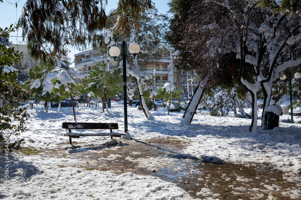 The day after a blizzard snow melts in a park of Athens suburb, Greece, 17th of February 2021.