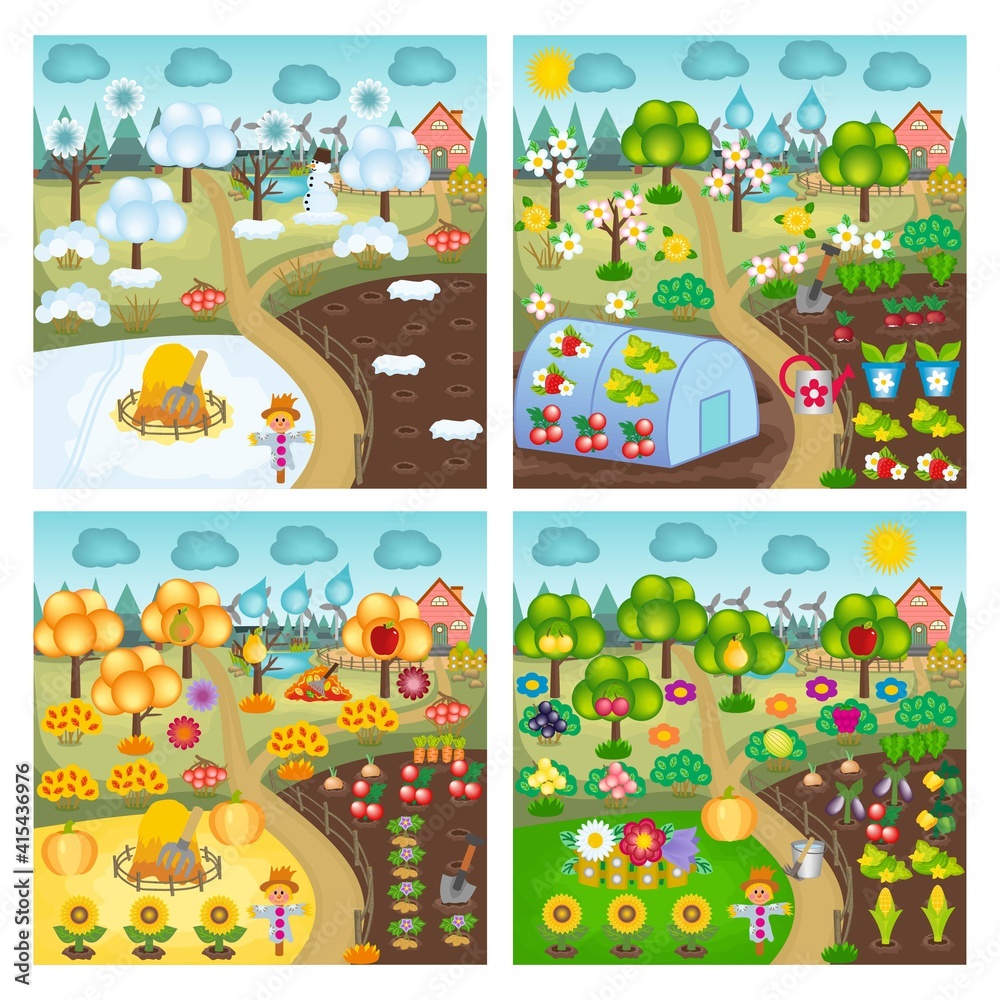 Set of seasonal vector gardening landscapes for kids. Winter, spring, summer and autumn garden and vegetable garden illustrations with fruit and vegetable harvest