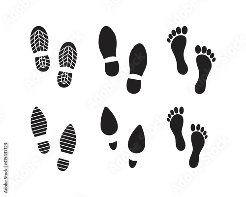 Collection of footprints shoes human walking and shoe sole feet footsteps people. Footsteps icon or sign for print, isolated on white background - vector design