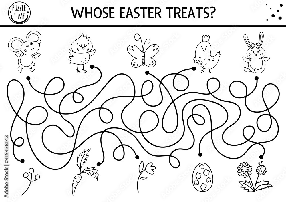 Easter black and white maze for children with cute animals and presents. Holiday outline preschool printable activity with chicken, mouse, bunny. Funny spring game or coloring page. .