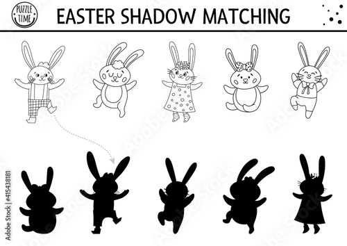 Easter black and white shadow matching activity for children with bunny family. Outline spring puzzle with cute animals. Holiday celebration educational game for kids. Find the correct silhouette .