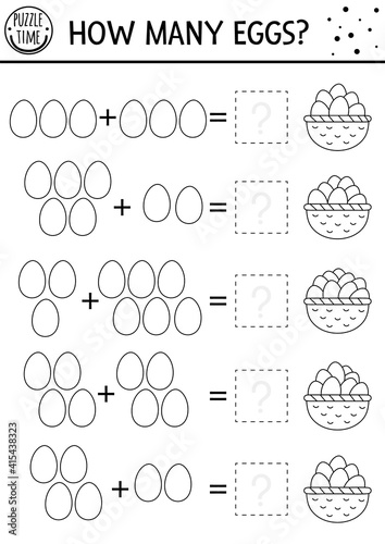 Easter black and white counting game with colored eggs and basket. Holiday activity for preschool children. Spring printable math worksheet. Addition puzzle or coloring page for kids.