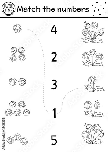 Easter black and white matching game with spring flowers. Holiday math activity for preschool children with dandelions. Printable counting worksheet or coloring page for kids.