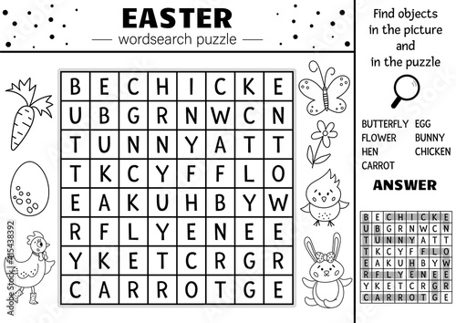 Vector black and white Easter wordsearch puzzle for kids. Simple spring crossword with traditional holiday symbols for children. Keyword activity with cute funny characters and objects.