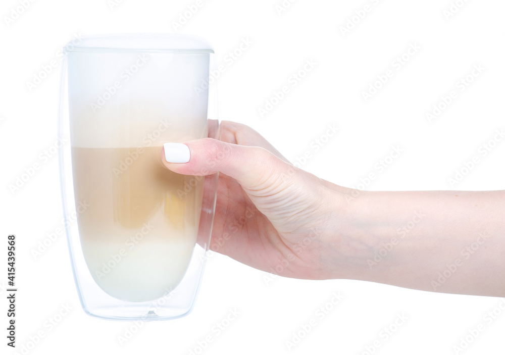 Glass cup of coffee latte cappuccino in hand on white background isolation Glass cup of coffee latte cappuccino in hand on white background isolation
