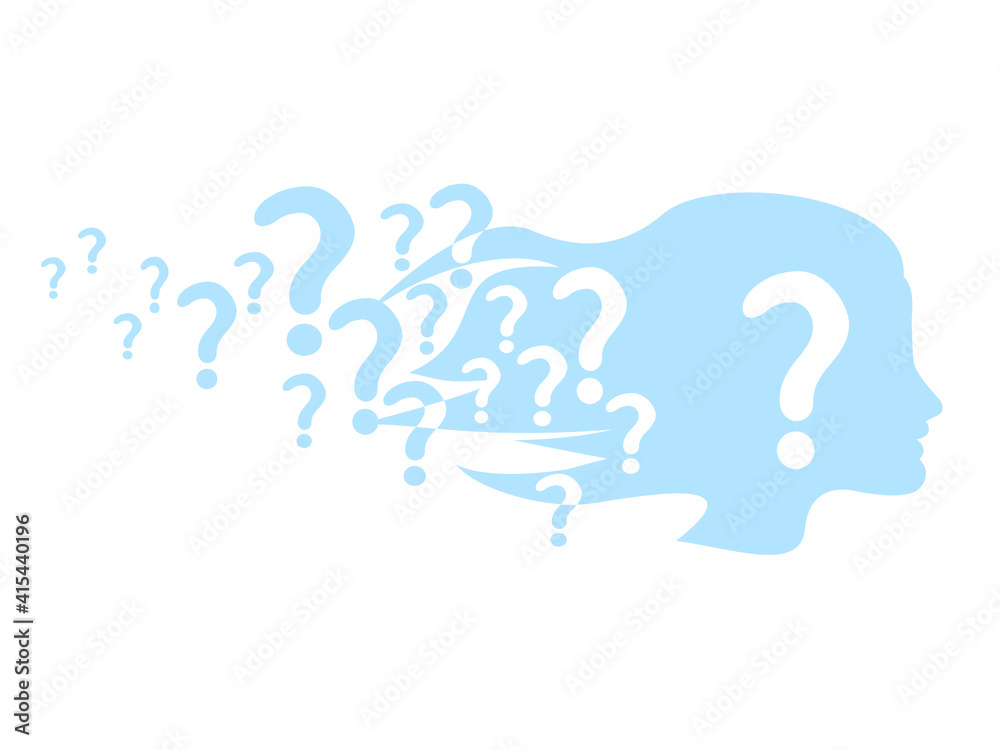 Woman silhouette with question mark signs inside the head. Concept vector illustration with windy flying long hair girl profile, isolated on white. Woman silhouette with question mark signs inside the head. Concept vector illustration with windy flying long hair girl profile, isolated on white.