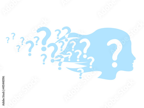 Woman silhouette with question mark signs inside the head. Concept vector illustration with windy flying long hair girl profile, isolated on white.