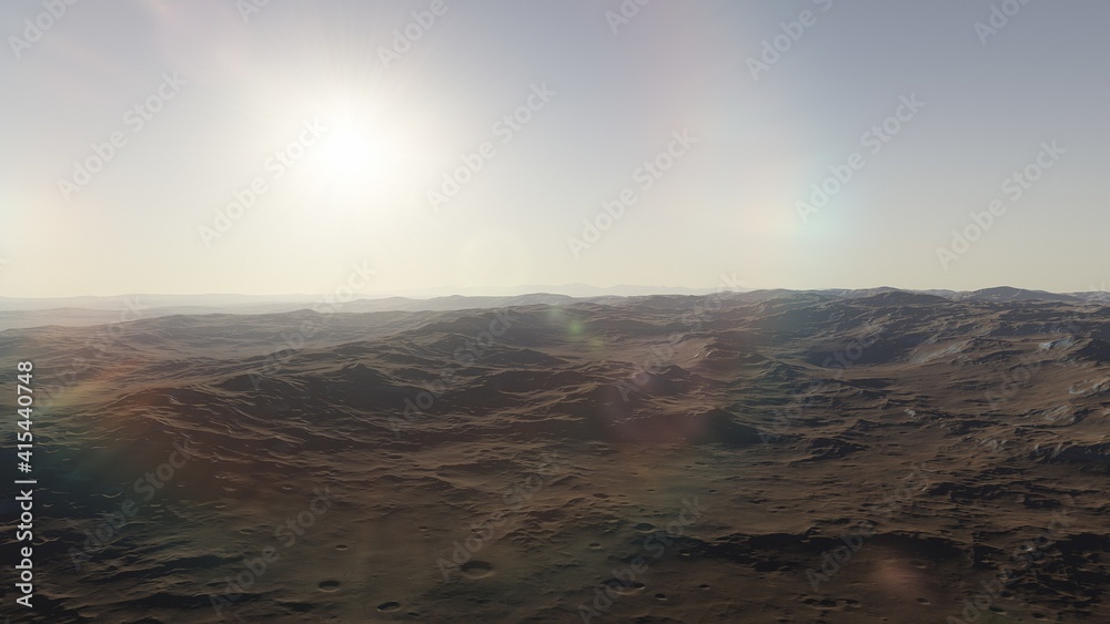 realistic surface of an alien planet, view from the surface of an exo-planet, canyons on an alien planet, stone planet, desert planet 3d render