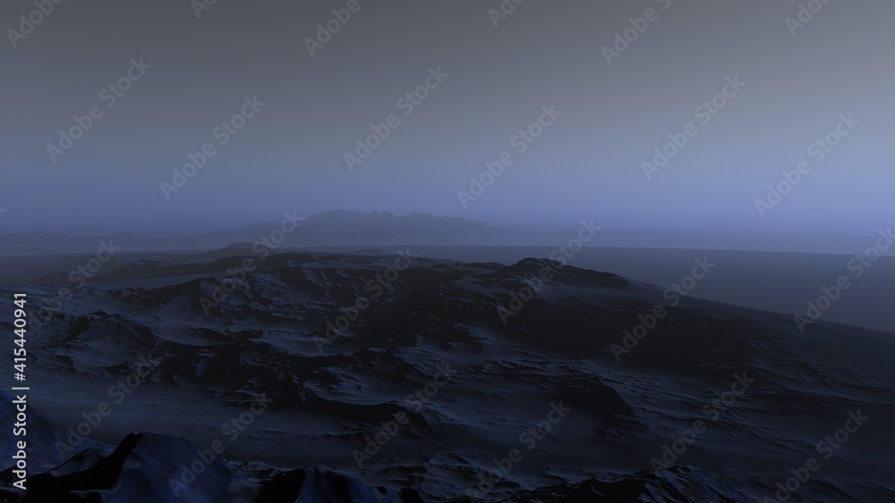 realistic surface of an alien planet, view from the surface of an exo-planet, canyons on an alien planet, stone planet, desert planet 3d render