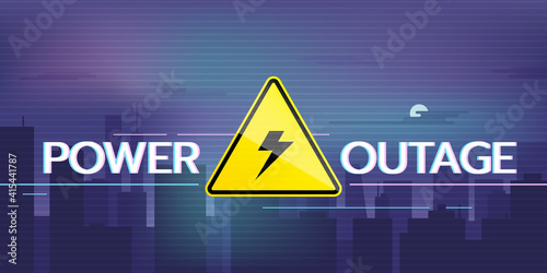 Power outage web banner with warning sign and night city without electricity. Vector illustration.