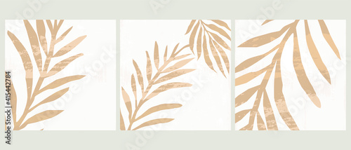 Set of 3 Illustration vector EPS 10 hand drawn print. Painted abstract geometric shapes. Contemporary aesthetic boho mid century modern Scandinavian nordic art design style with botanical garden plant