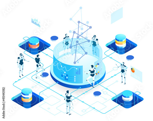 Isometric 3D business environment. Robots and artificial intelligence concept infographic. Robots working in server room,  big data.  Human VS robots