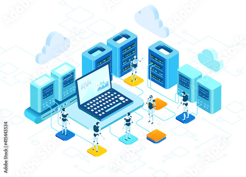 Isometric 3D business environment. Robots and artificial intelligence concept infographic. Robots working in server room,  big data.  Human VS robots