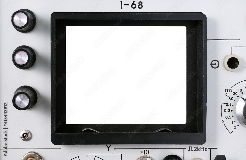 Old oscilloscope with white screen to add text and images, technical equipment. Radio oscilloscope. Old oscilloscope with white screen to add text and images, technical equipment. Radio oscilloscope.