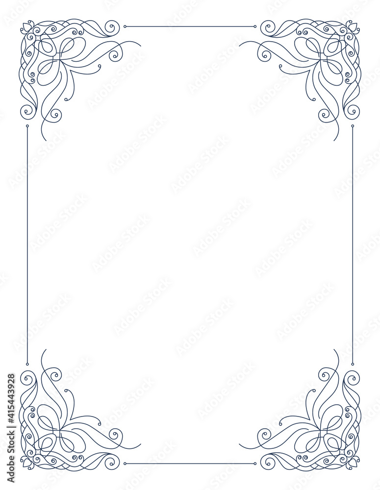 Decorative frame with swirls corners. Elegance border. Simple contour for wedding, greeting banner design. Isolated vector illustration