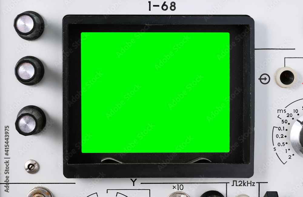 Old oscilloscope with green screen for adding video and images, technical equipment. Radio oscilloscope.