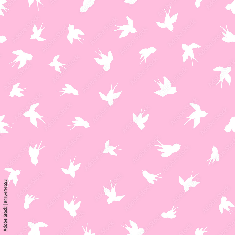 Seamless pattern with white swallow silhouette on pink background. Cute bird in flight. Vector illustration. Doodle style. Design for invitation, poster, card, fabric, textile. Seamless pattern with white swallow silhouette on pink background. Cute bird in flight. Vector illustration. Doodle style. Design for invitation, poster, card, fabric, textile.