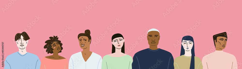Vector illustration, isolated casual people, portrait of multiethnic people, young people of different nationalities stand in a row. Vector illustration, isolated casual people, portrait of multiethnic people, young people of different nationalities stand in a row.