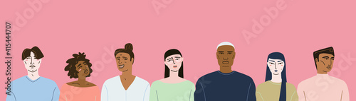 Vector illustration, isolated casual people, portrait of multiethnic people, young people of different nationalities stand in a row.