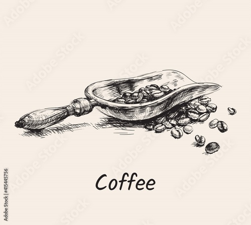 Hand Drawn Sketch Coffee Scoop With Pile Of Beans Vector Illustration