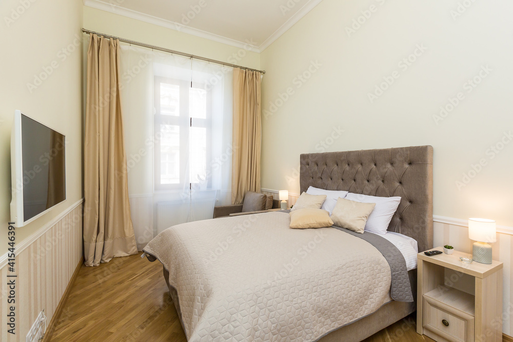 modern bedroom interior, with large bed. in light colors, beige modern bedroom interior, with large bed. in light colors, beige