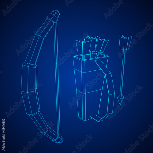 Medieval Bow and arrow archer weapon. Wireframe low poly mesh vector illustration.